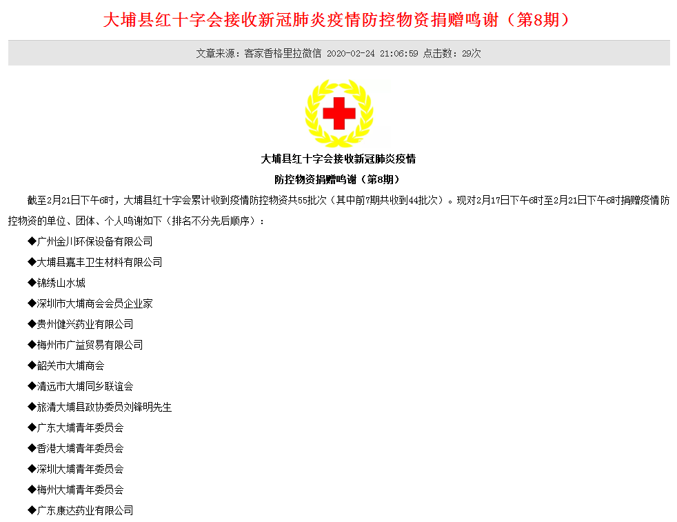 金川給大埔縣紅十字會(huì)、蕉嶺縣紅十字會(huì)等捐贈(zèng)消毒液用于疫情防控